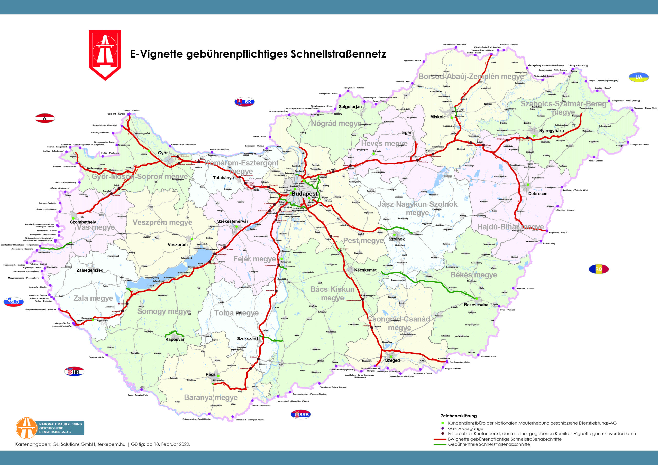 Eine Karte mit vignetten- und mautpflichtigen Autobahnen in Ungarn (Hu-Go)